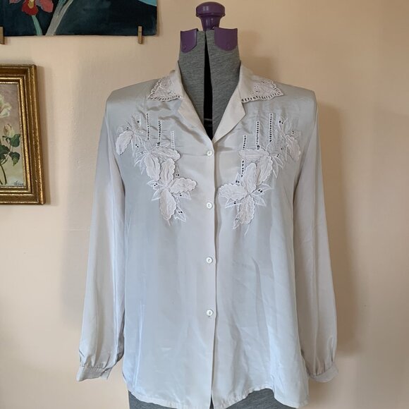None Tops - VTG Women’s Blouse Sz L Embroidered Cut Out Leaf Pop‎ Out Cottage Granny Core